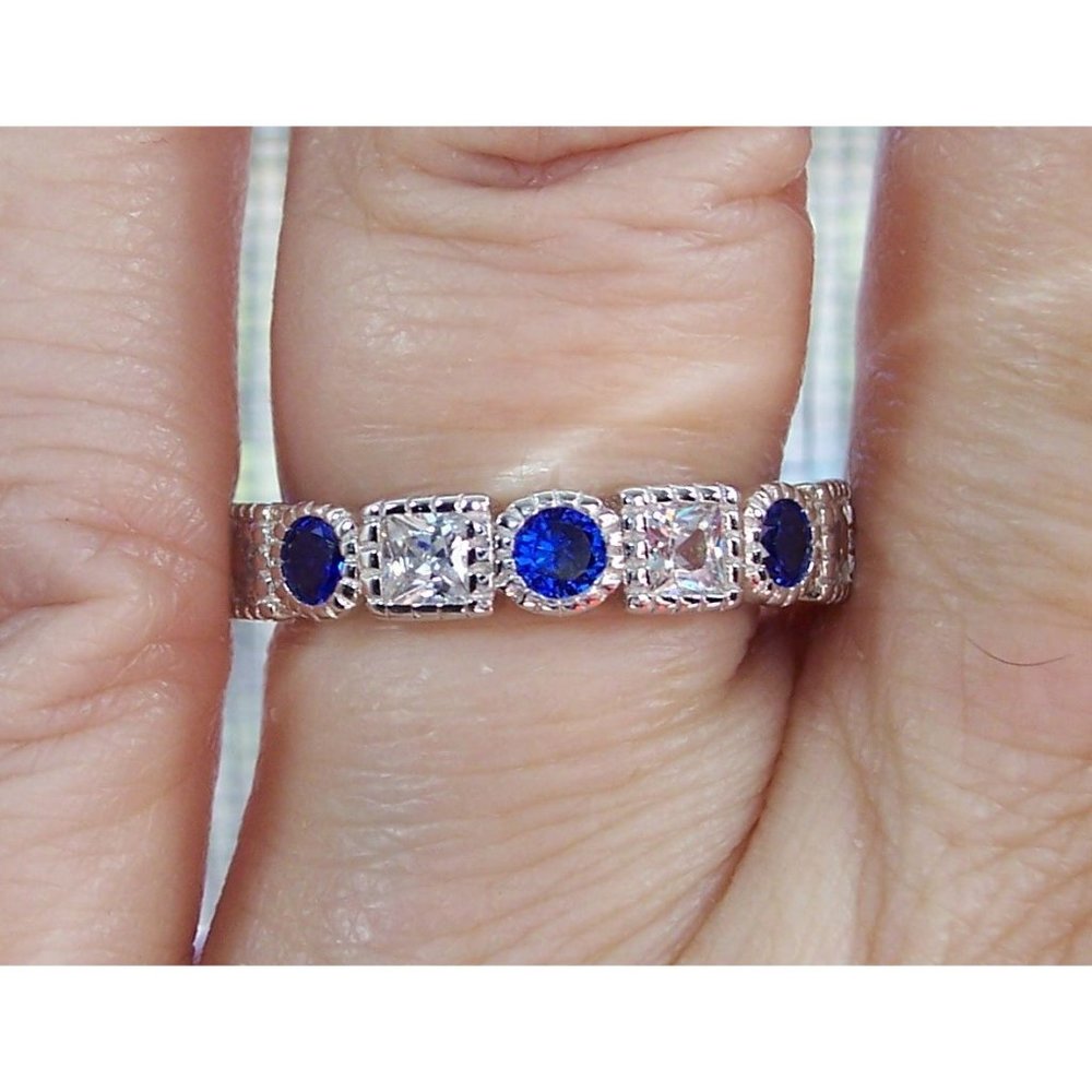 925 STERLING SILVER Blue Spinel & Clear CZ Bezel Set Eternity Band Ring - Picture 8 of 14